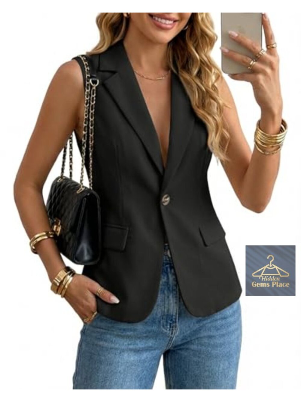 Sleeveless Blazer Vest for Women, Fully Lined Office Waistcoat with Pockets